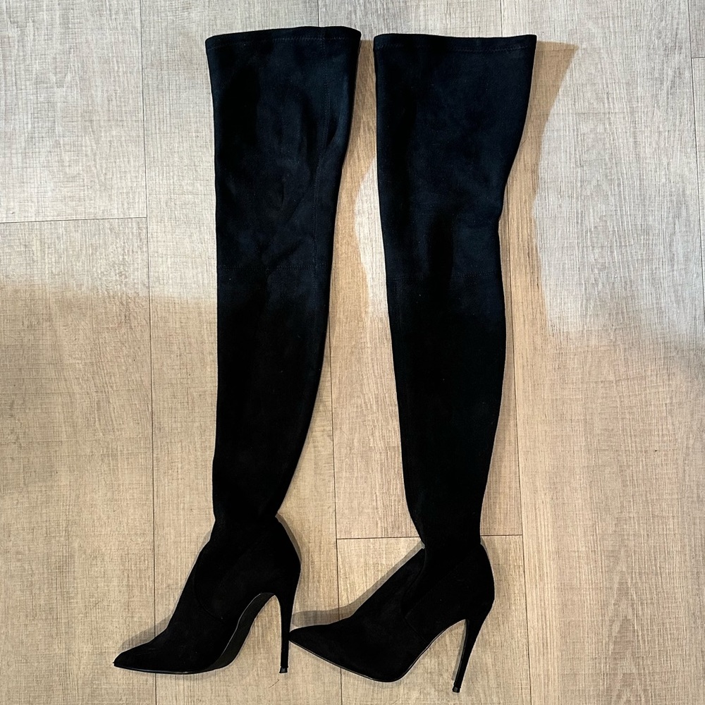 Thigh high black suede boots